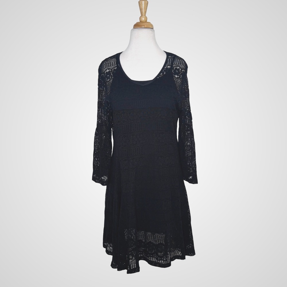 L&B Womens Lace Bell Sleeve V-Neck Mini Dress Size S/M‎ Black Dark Cottage Boho